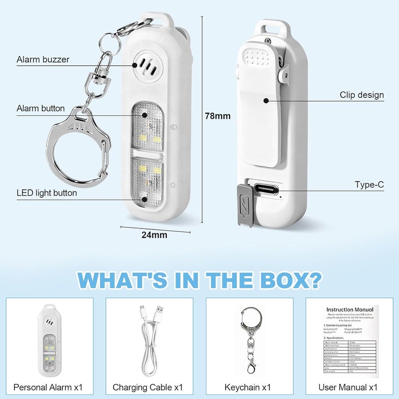 cjc Rechargeable Personal Safety Alarm for Women,130DB Self Defense Keychain Alarms with Strobe Light & LED Flashlight, Bear Alarm Deterrent, Clip-On Emergency Safety Siren for Night Runners Kid, White - Image 3